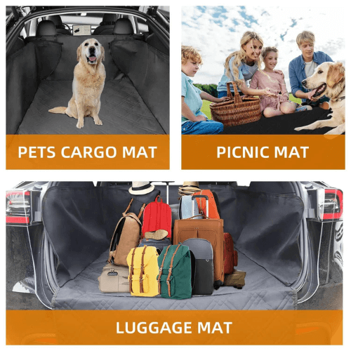 Image showing versatile cargo mats: pet mat, picnic mat, and luggage mat for protecting your Tesla's trunk.