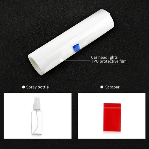 TPU protective film for car headlights, spray bottle, and scraper for easy installation.