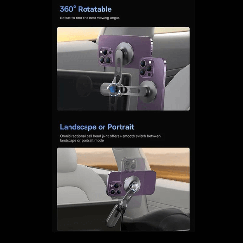 360° rotatable phone holder for Tesla, allowing easy landscape or portrait mode adjustments for safe driving.