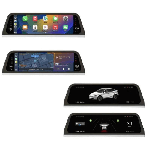 Ecran LCD tableau de bord Tesla avec applications et interface utilisateur de conduite.