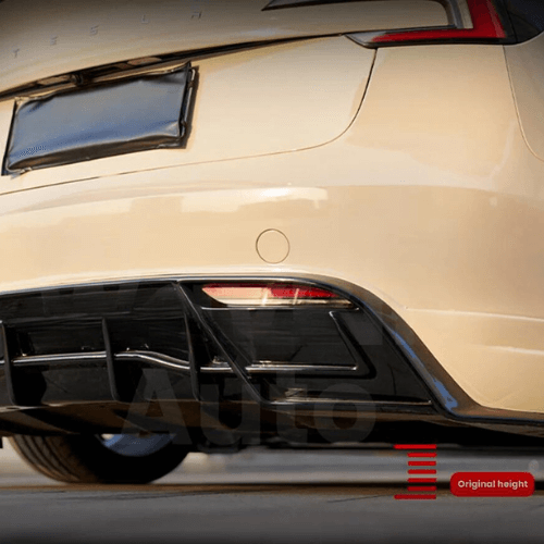 Rear view of a Tesla Model 3 Highland showcasing a Sport body kit with sleek design and enhanced aerodynamics.