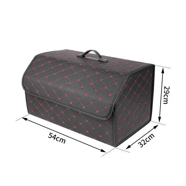 Boîte de rangement pour coffre Tesla, spacieuse et pratique, 54x32x29cm, design matelassé noir avec coutures rouges.