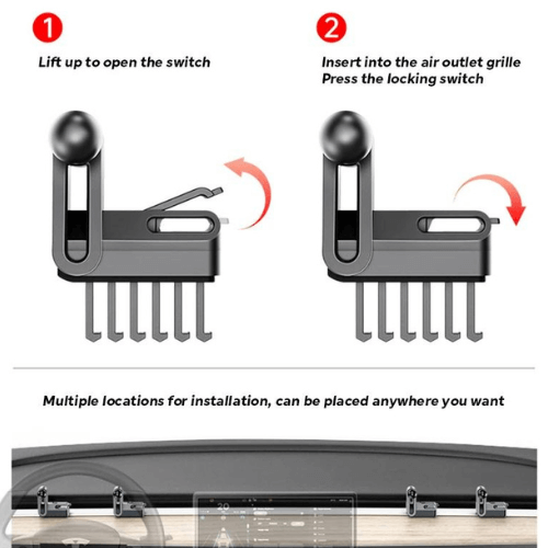 Instructions for installing a phone holder in a Tesla, showing steps for using the air outlet grille.