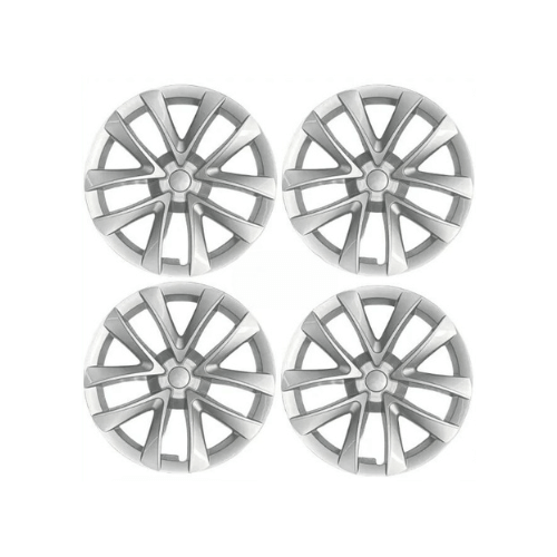 Set of four 18-inch wheel covers designed for a Tesla Model 3, featuring a sleek and modern aesthetic.