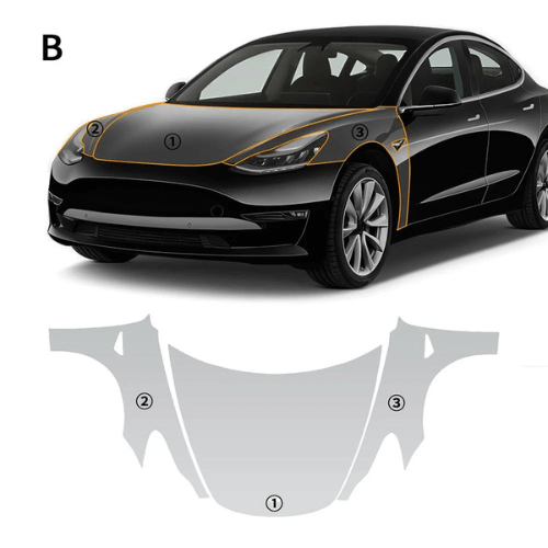 Schéma de protection transparente pour Tesla, montrant l'application sur le véhicule avec zones numérotées.