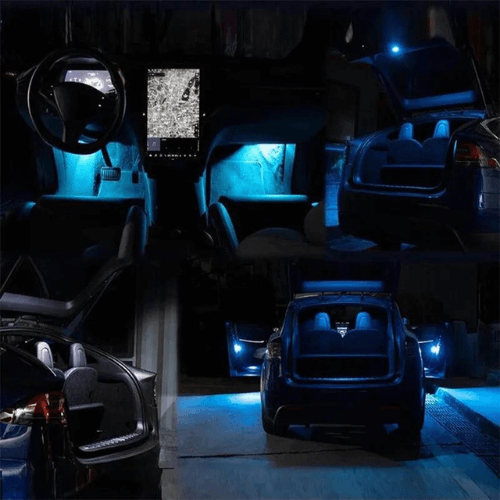 Pack LED Intérieur pour Tesla avec éclairage d'ambiance multicolore illuminant l'intérieur du véhicule.