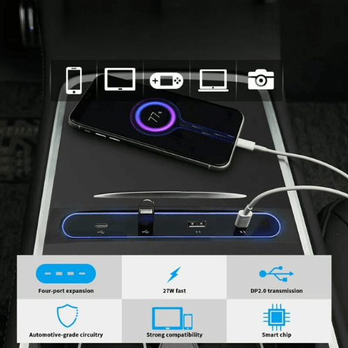HUB USB with four ports, fast charging, and smartphone integration for Tesla Model 3 or Y's console.