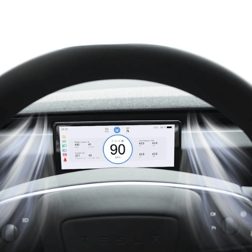 Ecran LCD de tableau de bord Tesla Model 3 affichant la vitesse et les informations de conduite, design moderne.