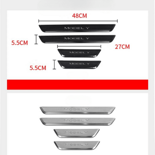 Seuils de portière rétroéclairés pour Tesla Model Y, dimensions en cm, design élégant et moderne.
