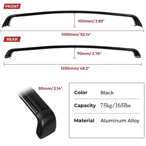 Barres de toit en alliage d'aluminium noir pour Tesla, dimensions et capacité de 75kg/165lbs.