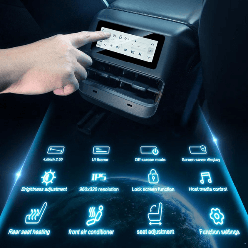 LCD console for Tesla Model 3/Y with touch controls and media settings for rear passenger entertainment.