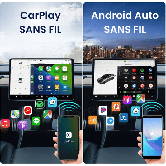 Module sans fil CarPlay et Android Auto pour Tesla avec interface utilisateur et icônes d'applications populaires.