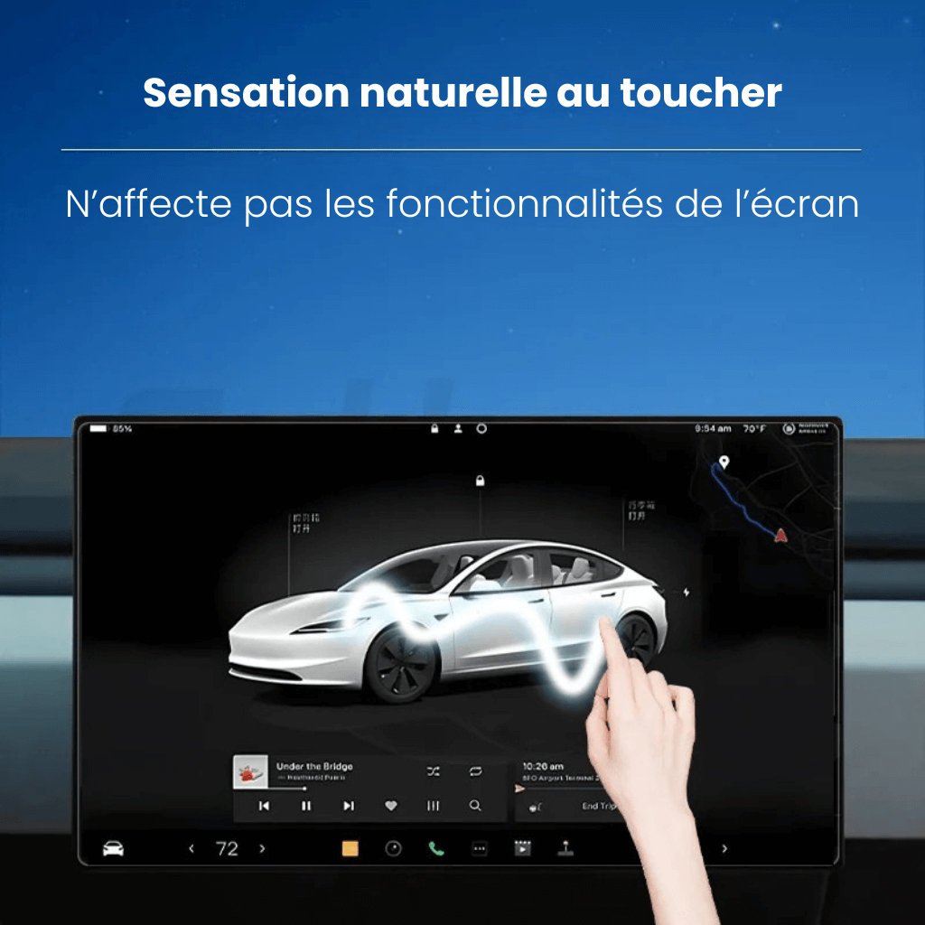 Écran tactile Tesla avec protection en verre trempé, offrant une sensation naturelle et préservant les fonctionnalités.