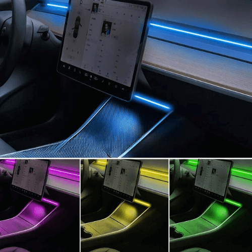 Pack Éclairage d'Ambiance LED pour Tesla Model 3 et Y, affichant un intérieur multicolore avec éclairage LED.