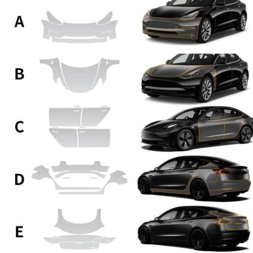 Diagram showing transparent protection coverings for Tesla models A, B, C, D, E with outlines for clear visibility.