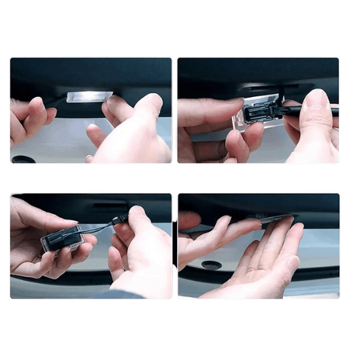 Instructions for installing LED lights in a Tesla Model S/3/X/Y, showing hands connecting wires.