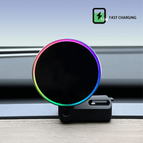 Support de téléphone pour Tesla avec chargement rapide 15W et design moderne en noir et rainbow.