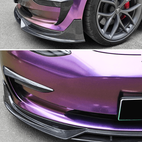 Kit carrosserie Aero pour Tesla, vue rapprochée d'un aileron avant en fibre de carbone, couleur violet