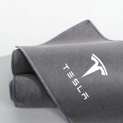 Microfibre d'entretien Tesla, serviette en microfibre grise pour nettoyage efficace de véhicules électriques.