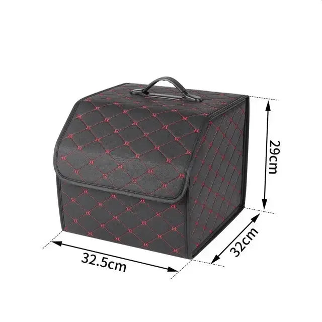 Boîte de rangement pour coffre Tesla en tissu noir avec motifs, dimensions 32.5x32x29 cm, idéale pour l'organisation.