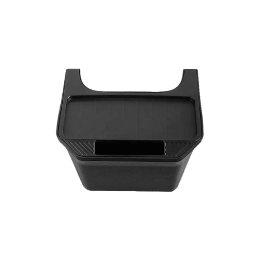 Bac de rangement noir pour passagers arrière de Tesla, offrant une solution de stockage élégante et pratique.