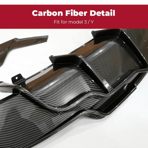 Carbon fiber detailing for Tesla Model 3 and Y body kit, enhancing performance and aesthetics.