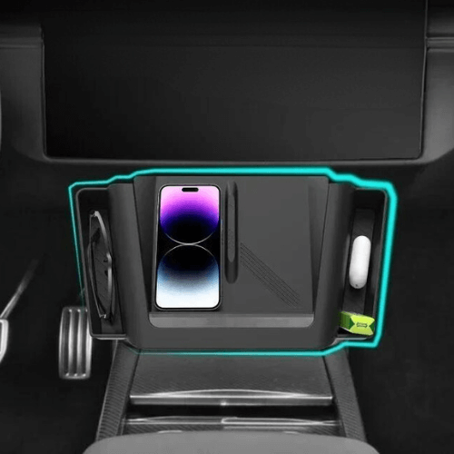 Protection de console centrale pour Tesla avec rangement pour smartphone et écouteurs sans fil, élégante et durable.