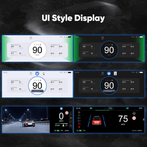 UI style display showcasing various speedometer layouts for Tesla Model 3 dashboard enhancing driving experience.