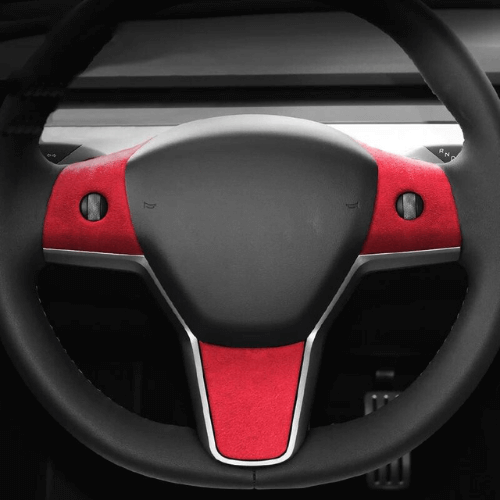 Red suede covering for Tesla Model 3 or Model Y steering wheel, enhancing style and comfort.