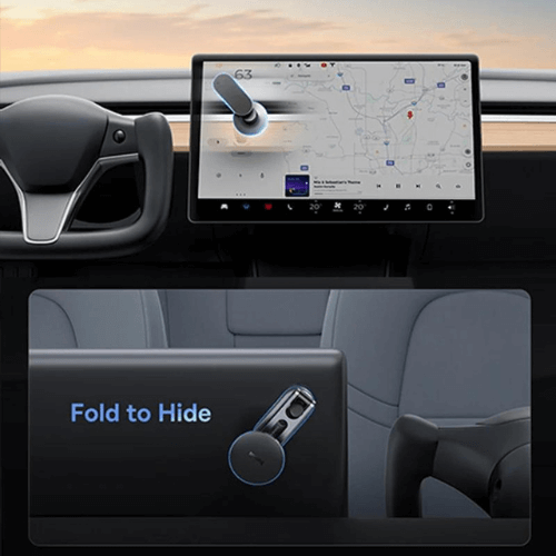 Intérieur de voiture Tesla avec écran tactile et option de rangement pour téléphone, texte 'Fold to Hide' visible.