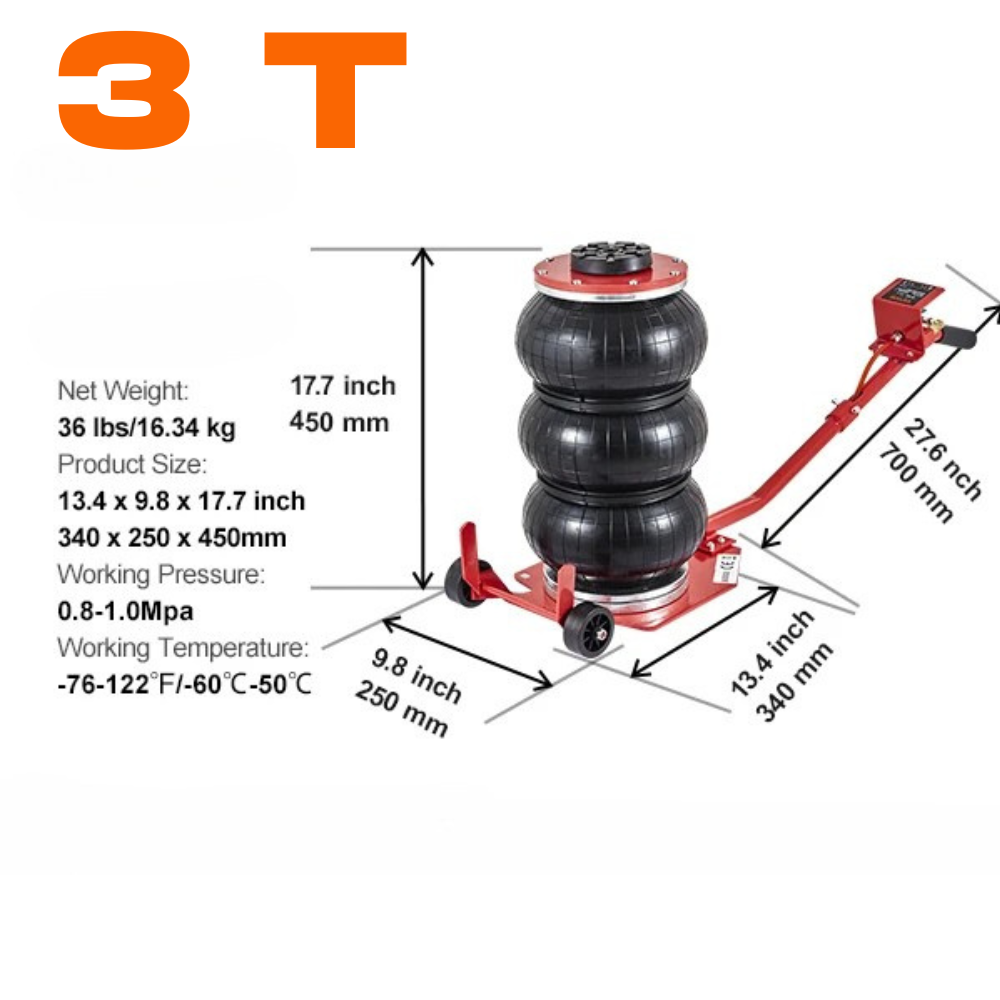 Cric pneumatique 3T pour véhicules, dimensions et spécifications techniques, idéal pour entretien automobile.