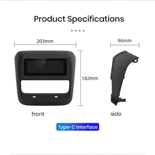 Product specifications for rear passenger LCD console for Tesla Model 3 or Y, featuring front and side views and Type-C interface.
