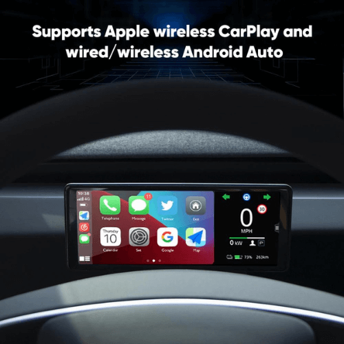 Ecran LCD tableau de bord avec support pour Apple CarPlay et Android Auto, affichage numérique clair.