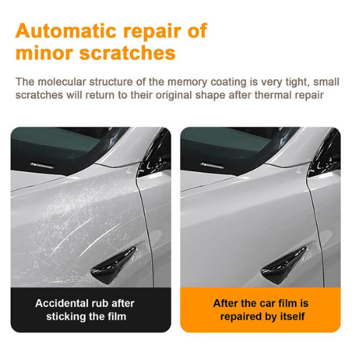 Image showing automatic repair of minor scratches on a car film, with before and after effects.