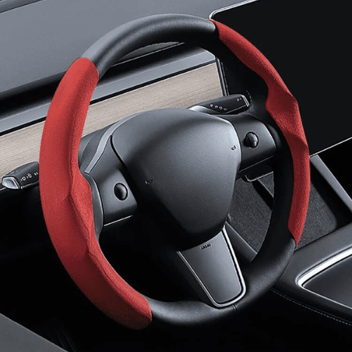 Couvre volant en suédine rouge pour Tesla, alliant confort et style dans l'intérieur de votre véhicule.