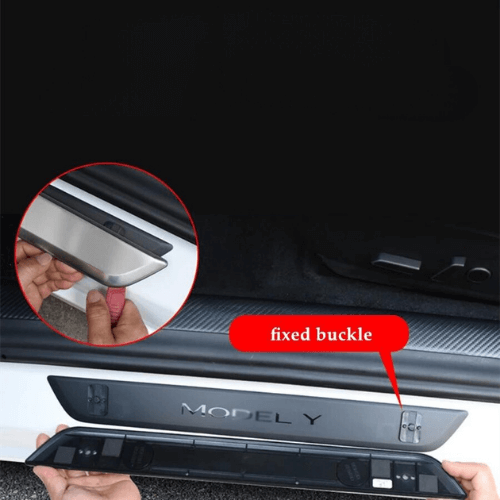 Installation of illuminated door sill for Tesla Model Y showcasing fixed buckle details.