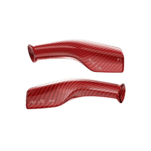 Covering de commodos pour volant Tesla en finition carbone rouge, ajoutant style et protection.