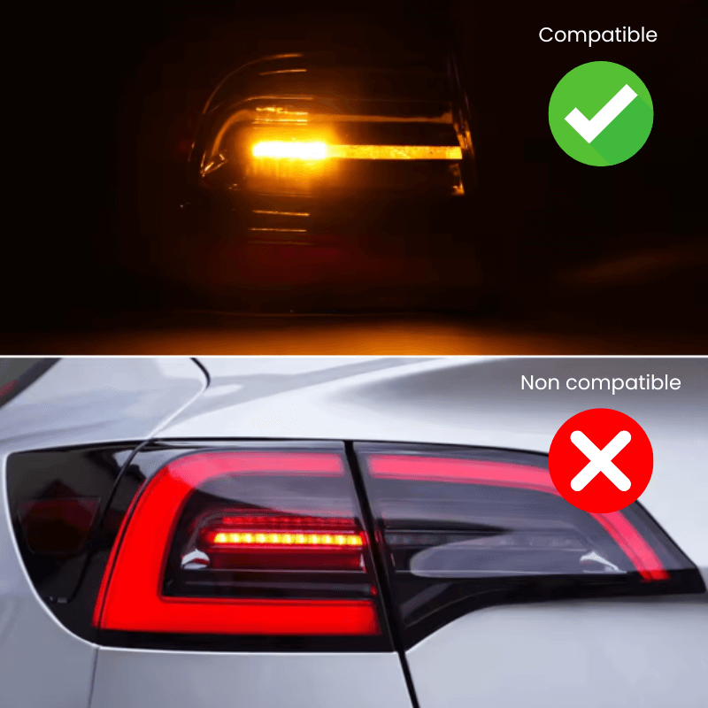 Comparison of compatible and incompatible LED rear lights for Tesla vehicles.