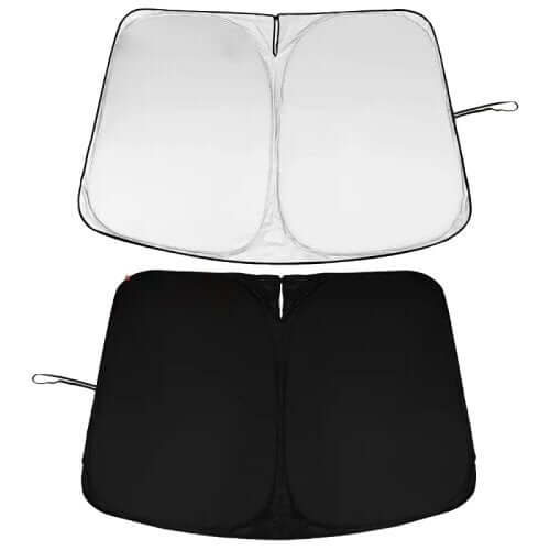 Pare soleil pliable pour pare-brise, en coloris noir et transparent, offrant protection UV pour véhicule.