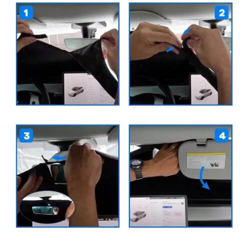 Instructions for installing a foldable sunshade in a Tesla, showing four steps for easy setup and application.