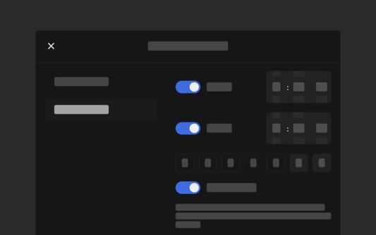 Tesla interface settings screen in dark mode with toggle switches highlighted in blue from the 2024.26 software update.