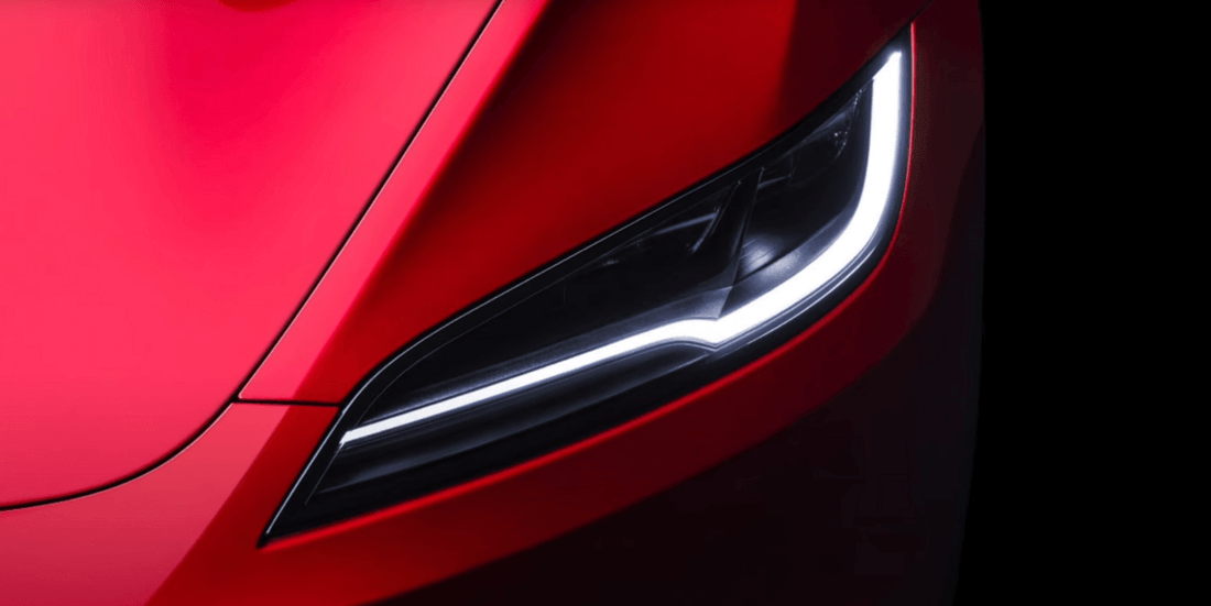 Close-up of Tesla Model 3 Highland headlight featuring new 2024.2 matrix light update for improved clarity and safety.