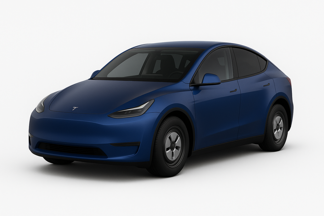 Blue Tesla Model Y showcasing its affordable design for 2025 school season.