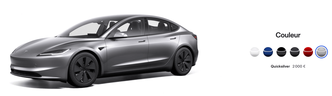 Tesla Model 3 en couleur Quicksilver avec options de couleur supplémentaires affichées sur le côté, ajout esthétique moderne.