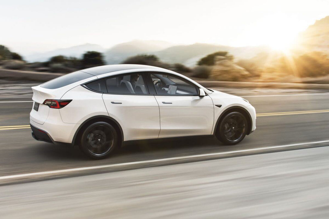 Tesla Model Y in motion on a sunny road, highlighting its sleek design amidst the landscape.