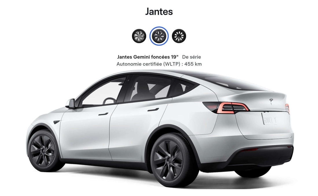 Tesla Model Y with Gemini dark wheels showcasing modern design and certified range of 455 km.