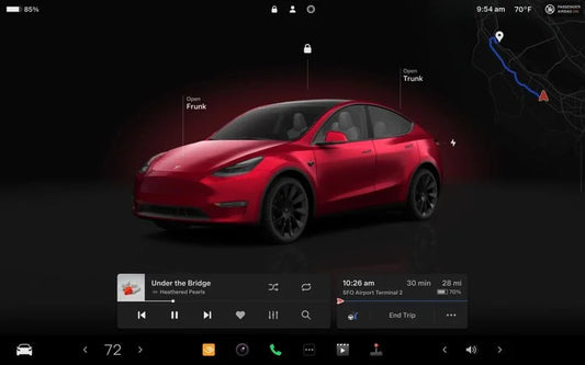 Tesla mise à jour 2024.14 - Interface utilisateur montrant les fonctionnalités de contrôle de la voiture et la navigation GPS