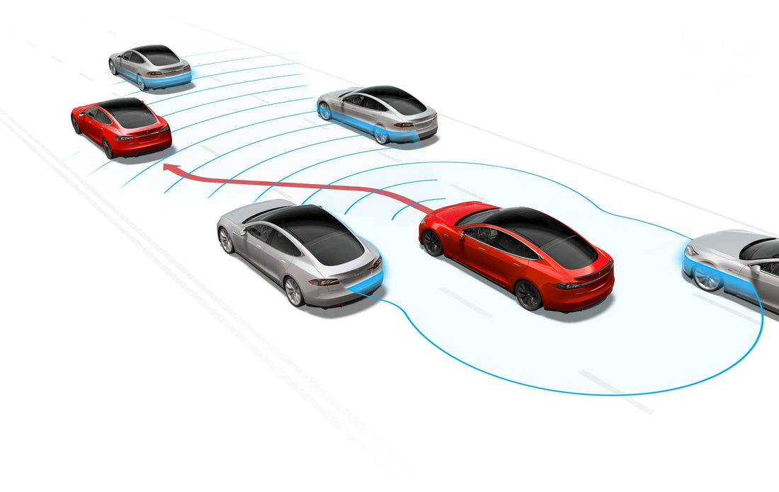 Illustration of Tesla cars using passive safety features on a highway with lane change indicators.