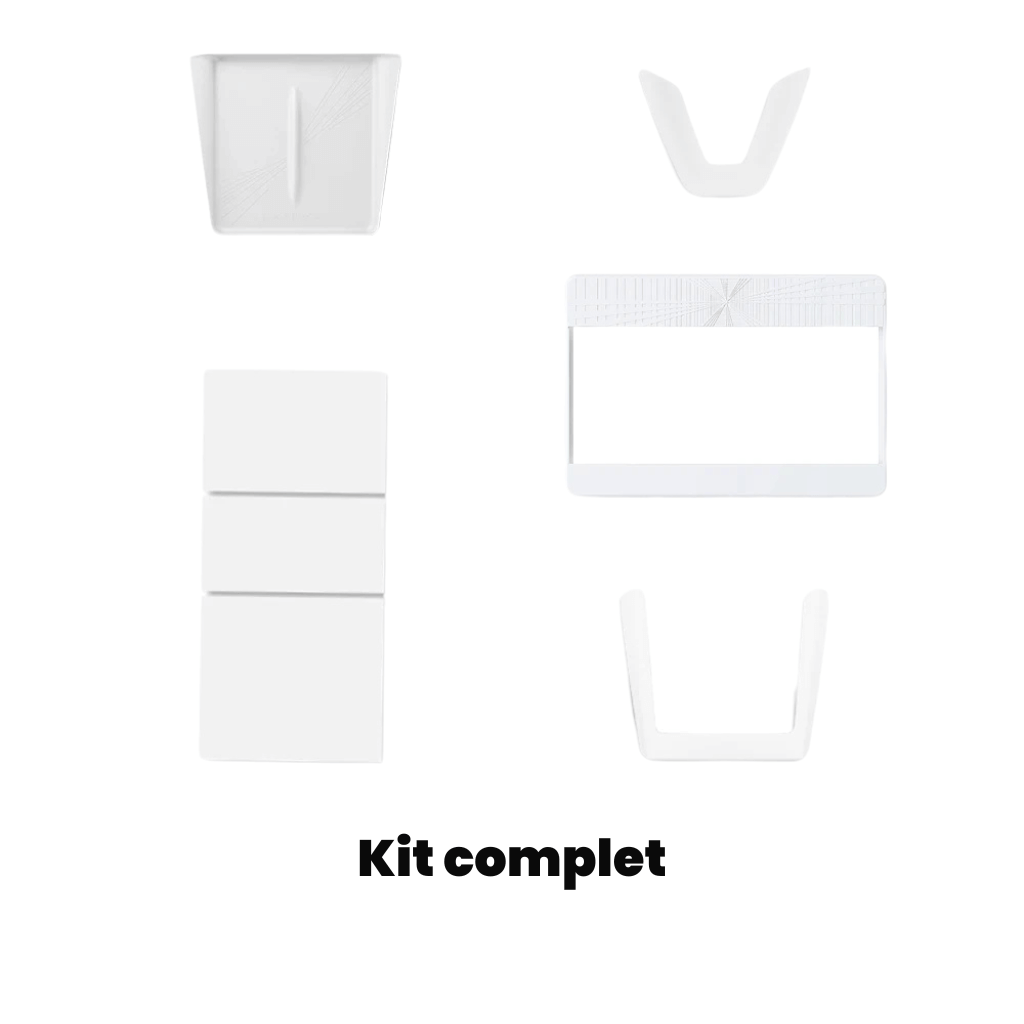 Complete kit of white components for various applications, including mounts and holders.