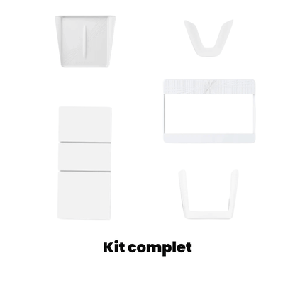 Complete kit of white components for various applications, including mounts and holders.
